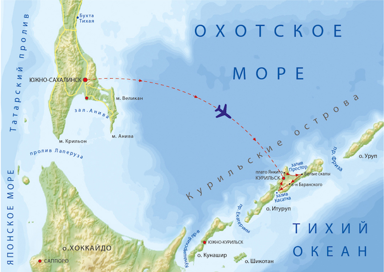 Карта маршрута авиатура «Итуруп — остров белого песка и горячих водопадов»